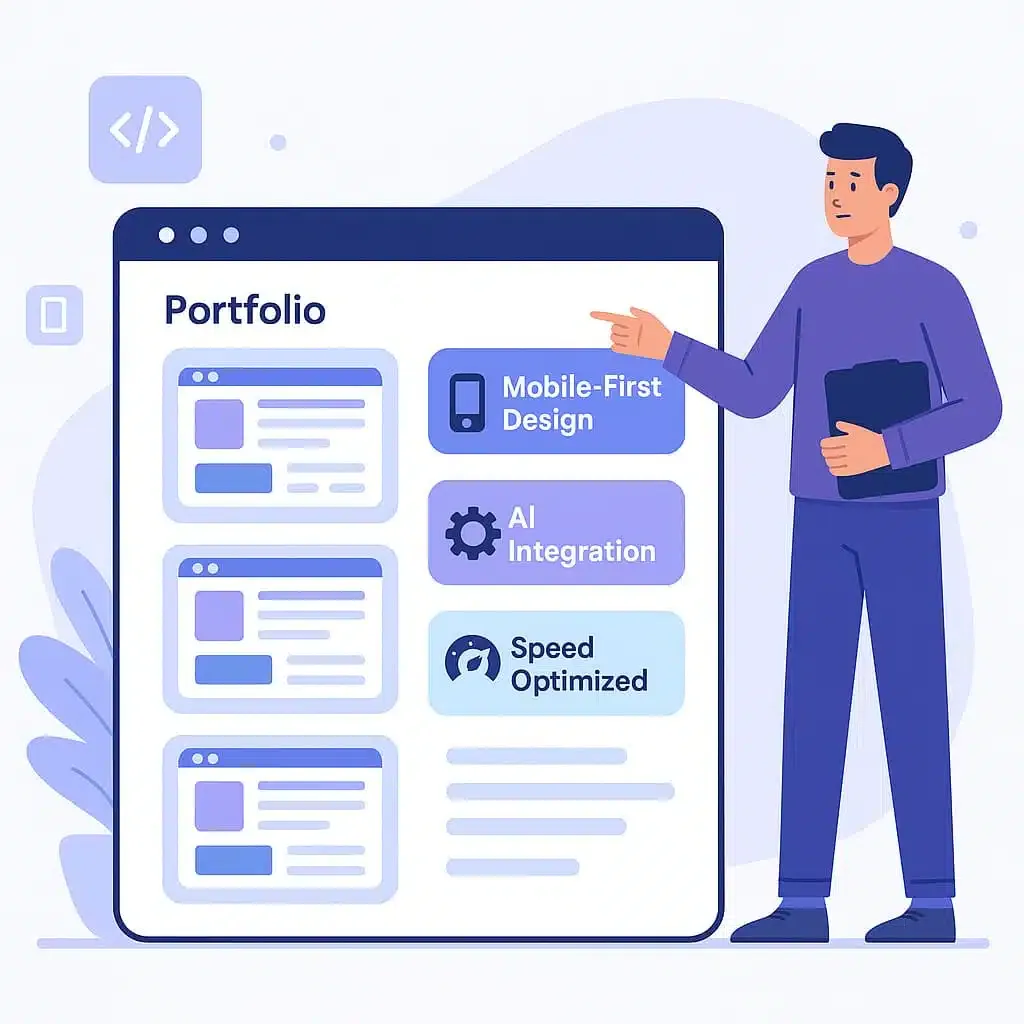 Developer showcasing a digital portfolio with tags for Mobile-First Design, AI Integration, and Speed Optimization on a large screen